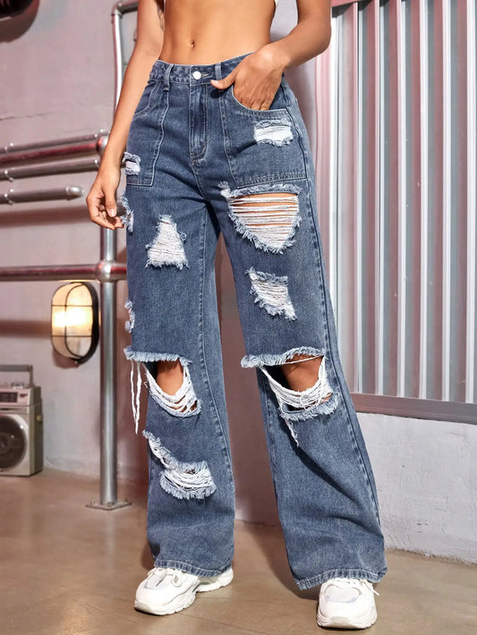 Denim Blue Low Waisted Ripped Baggy Jeans