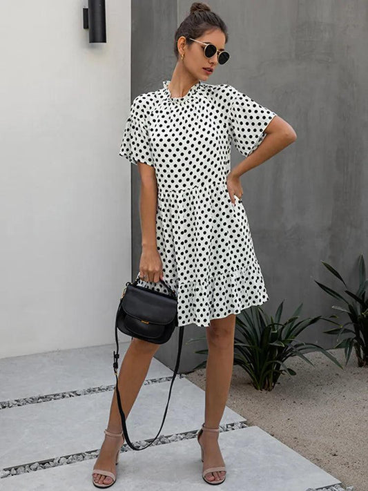 Black & White Polka-Dot Short Sleeve Dress - Modiva My Store Black & White Polka-Dot Short Sleeve Dress