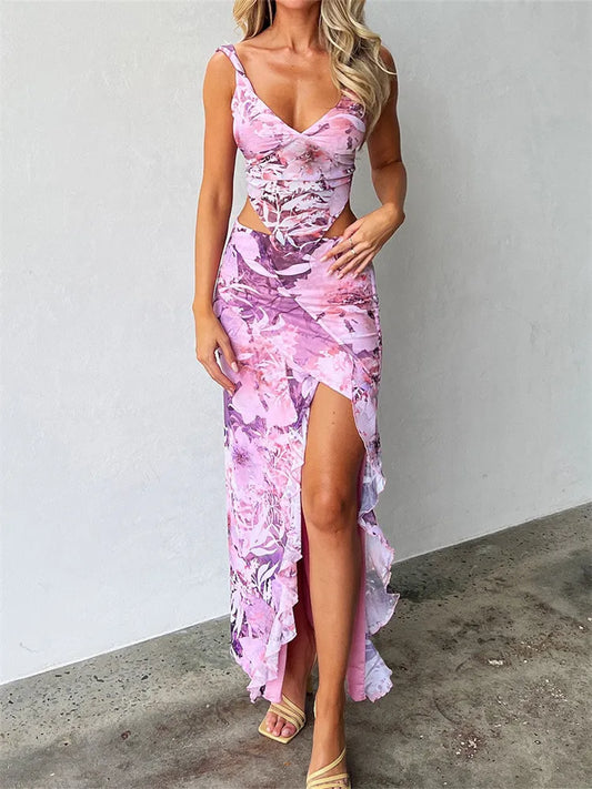 Two-Piece Long Skirt Floral Print - Modiva S / Pink Modiva Co-ord Two-Piece Long Skirt Floral Print