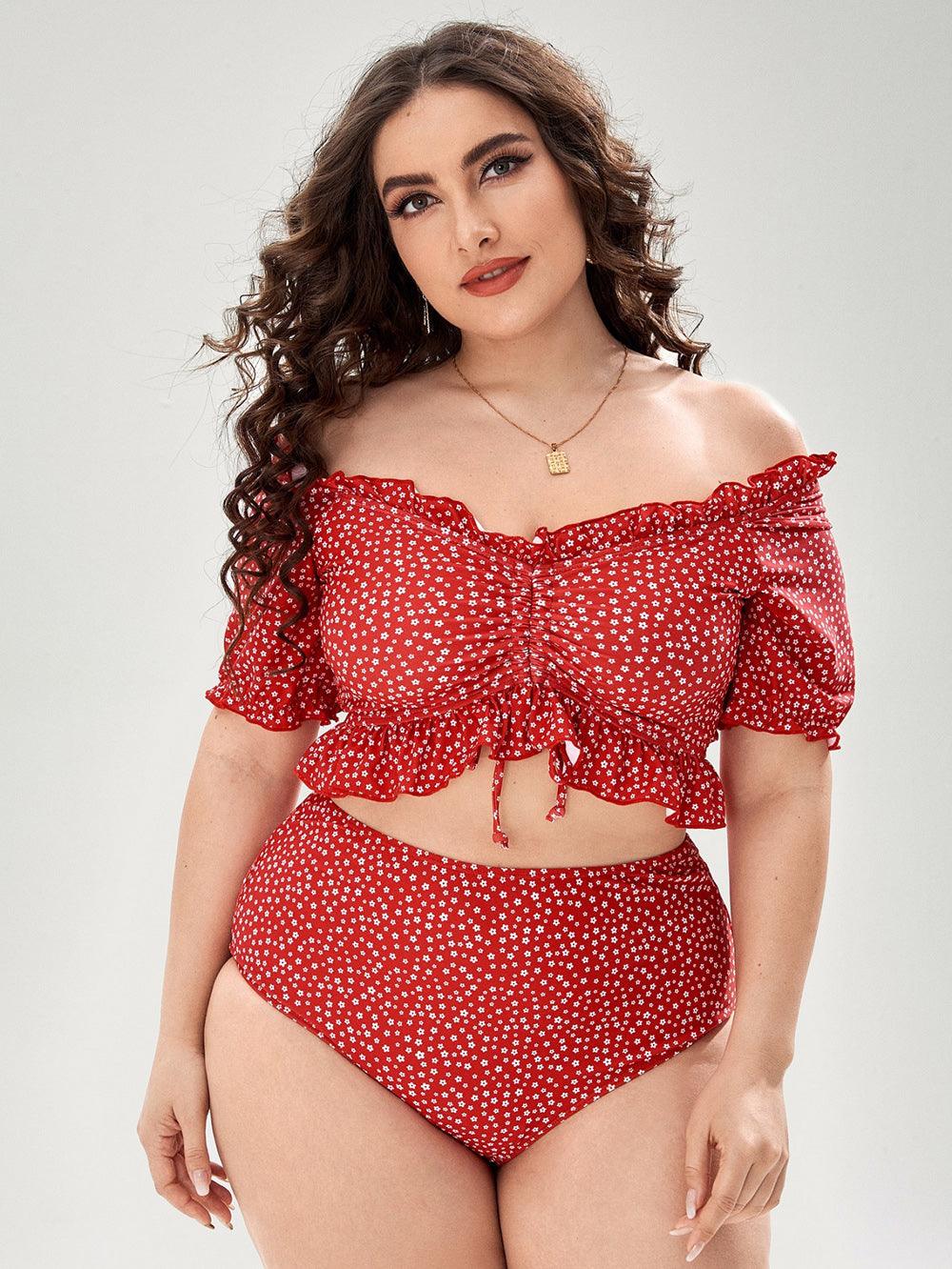 Plus Size Polka Dot Off The Shoulder Bikini - Modiva L / Red Modiva Plus Size Polka Dot Off The Shoulder Bikini