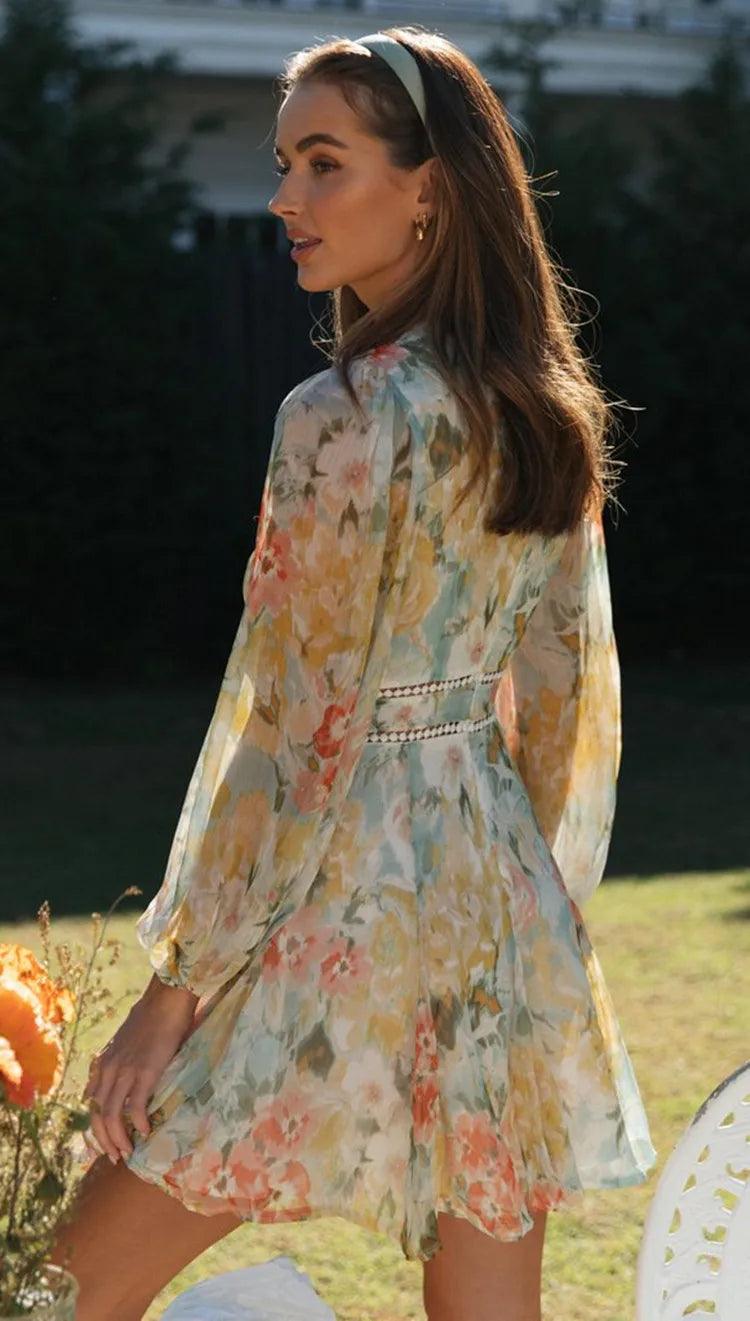 Vintage Floral Long Sleeve V-Neck Midi Dress