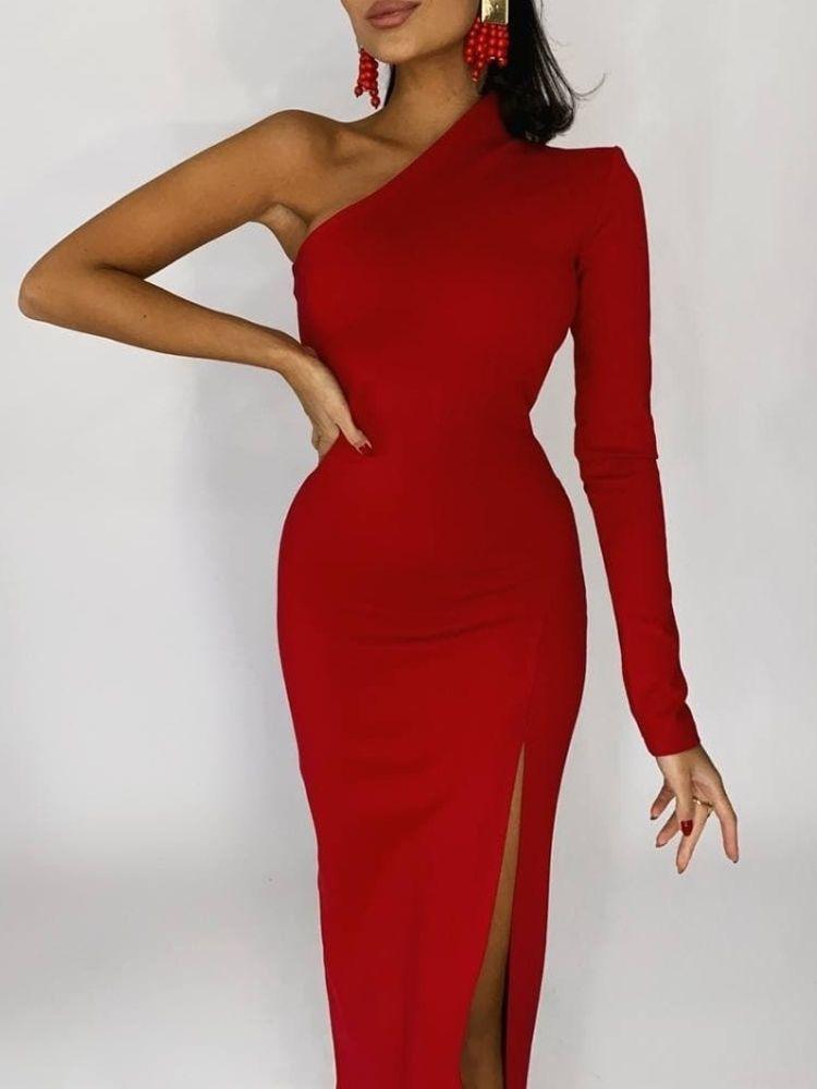 One Shoulder Leg Slit Maxi Bodycon Dress - Modiva XS / Red Modiva One Shoulder Leg Slit Maxi Bodycon Dress