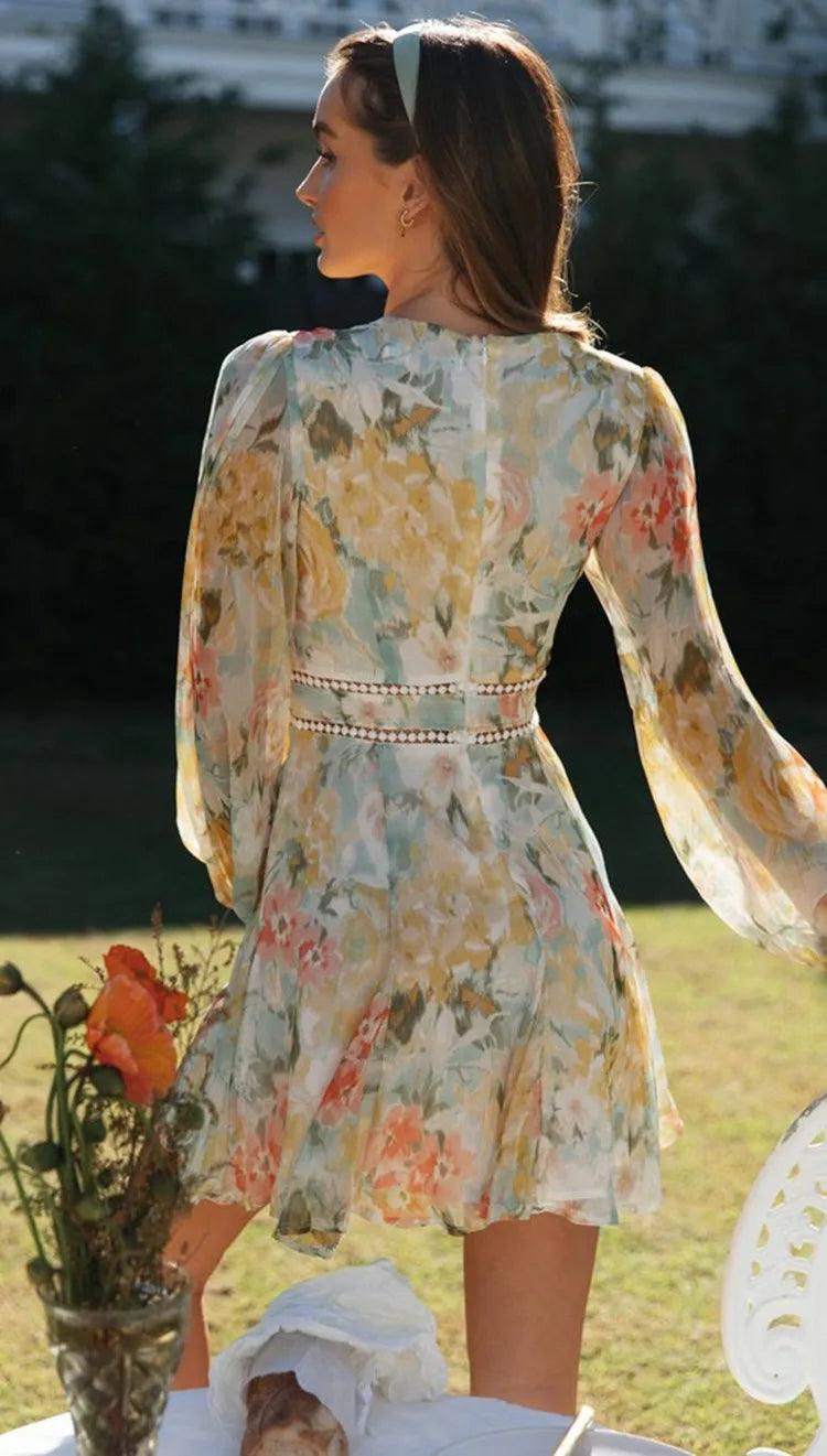 Vintage Floral Long Sleeve V-Neck Midi Dress