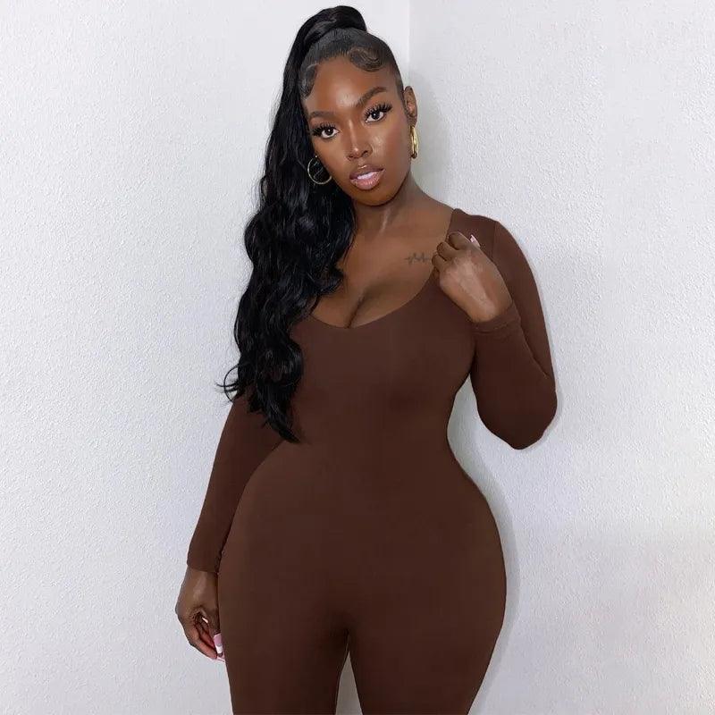 Stretchy Bodycon Autumn Jumpsuit - Modiva S / Brown Modiva Stretchy Bodycon Autumn Jumpsuit