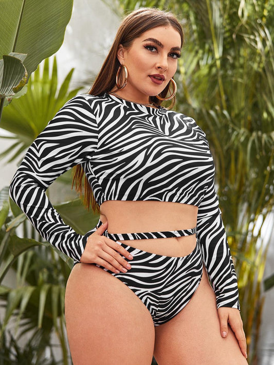 Plus Size Zebra Print Long Sleeve Bikini - Modiva Modiva Plus Size Zebra Print Long Sleeve Bikini