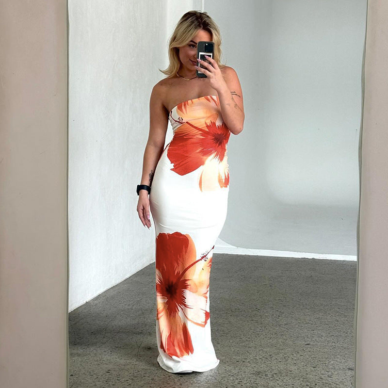 Orange & White Floral Strapless Maxi Dress