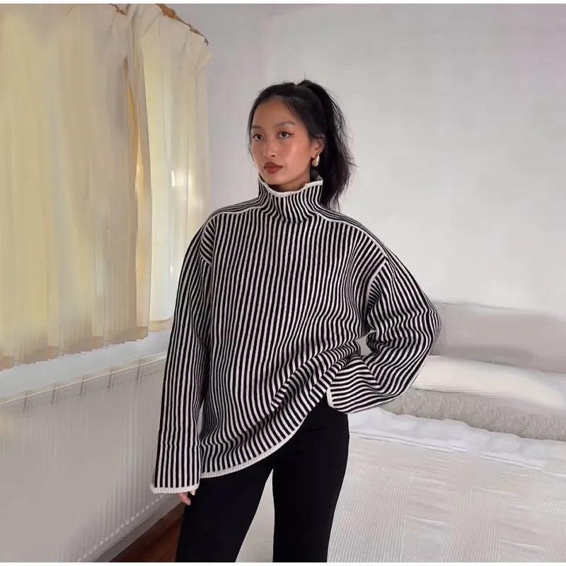 Thick Turtle Neck Striped Sweater - Modiva Modiva Thick Turtle Neck Striped Sweater