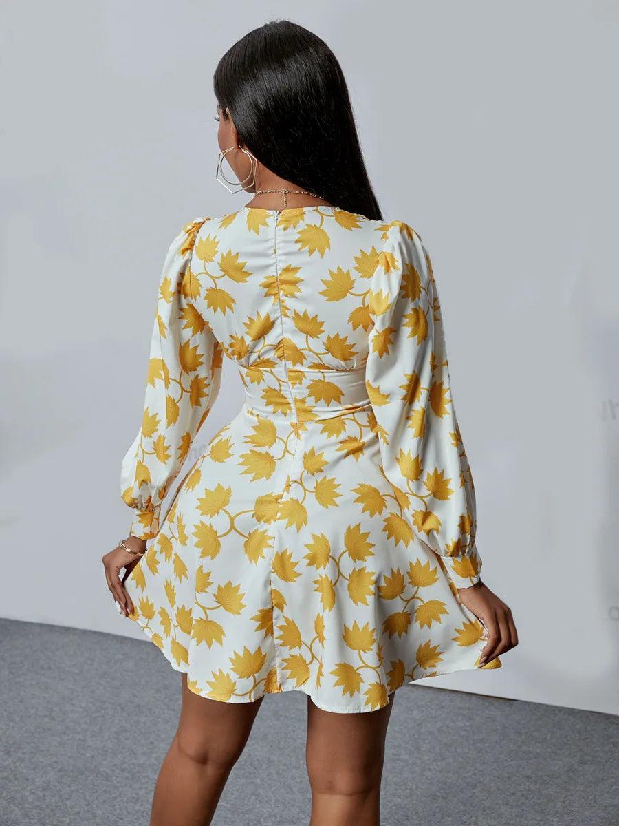 Plus Size White & Yellow Long Sleeve Low Cut Mini Dress