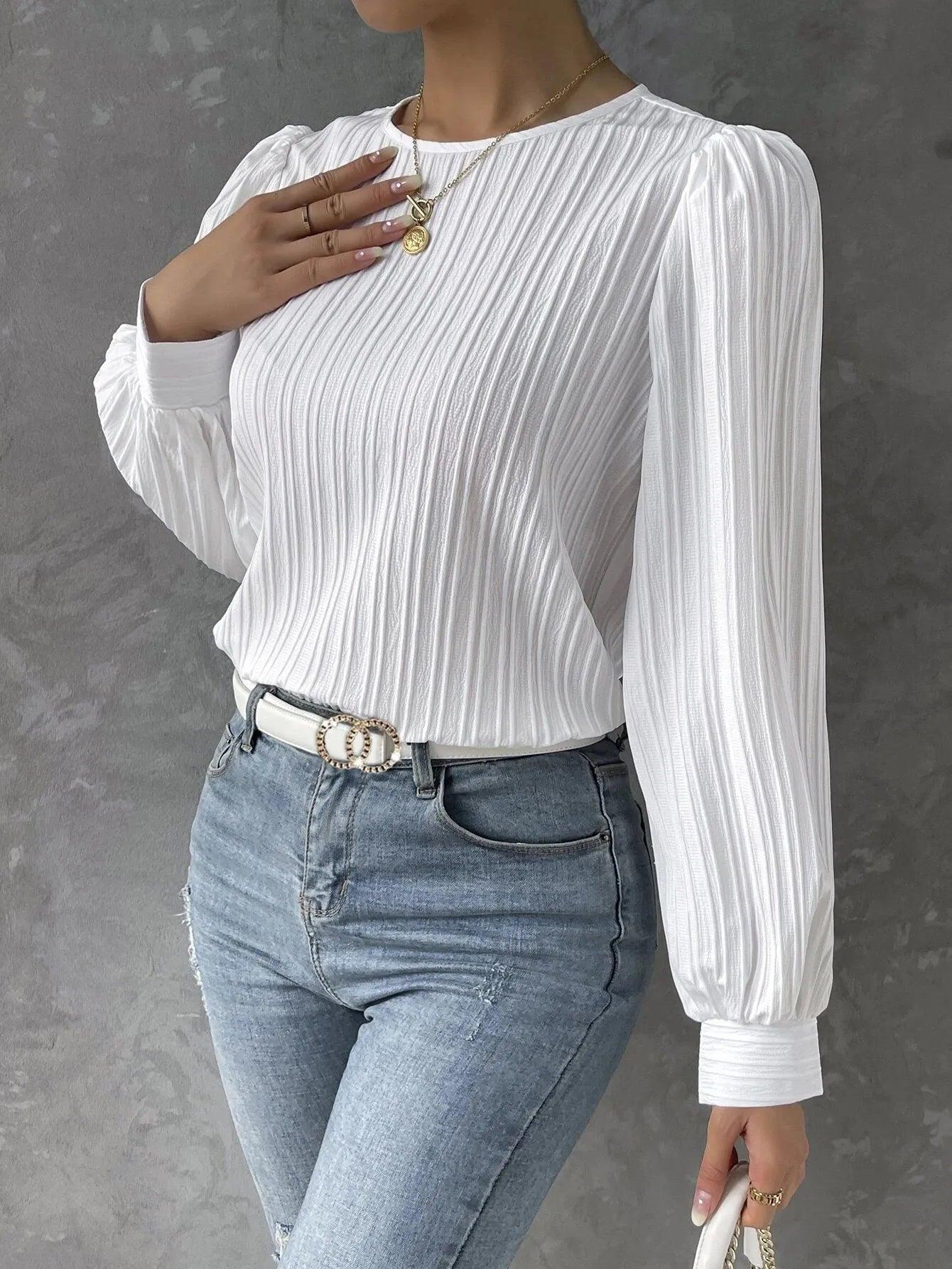 Solid Round Neck Long Sleeve Blouse - Modiva Modiva Solid Round Neck Long Sleeve Blouse