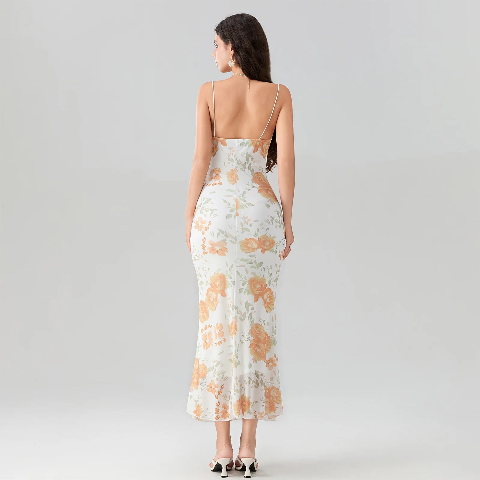 Orange Floral Maxi Cocktail Dress 