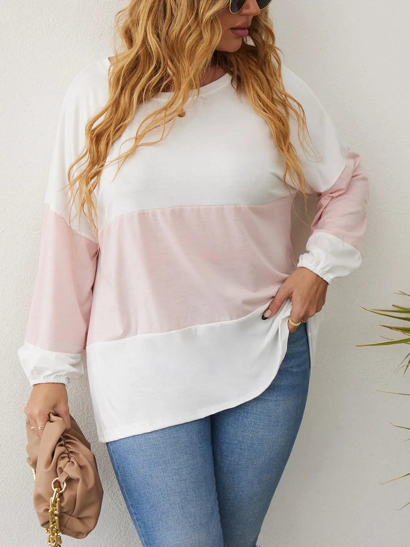 Plus Size Long Sleeve Pink & White Top - Modiva Modiva Plus Size Long Sleeve Pink & White Top