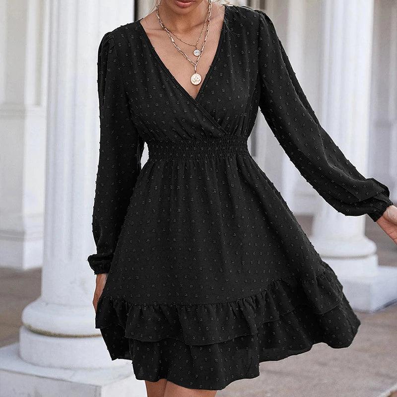 Black Long Sleeve V-neck Ruffled Midi Dress