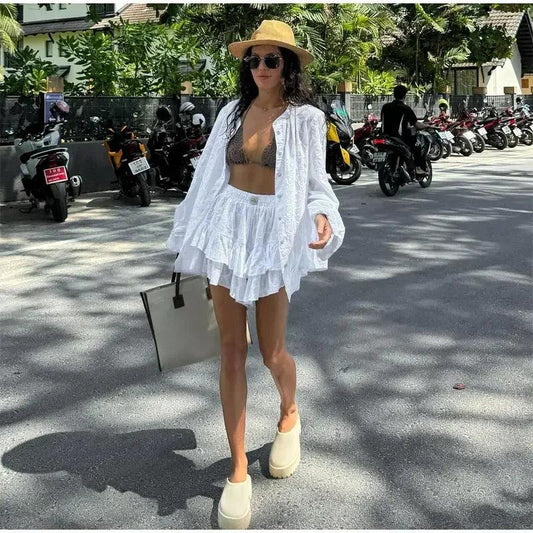 Casual O-Neck White Ruffled Shorts & Shirt Set