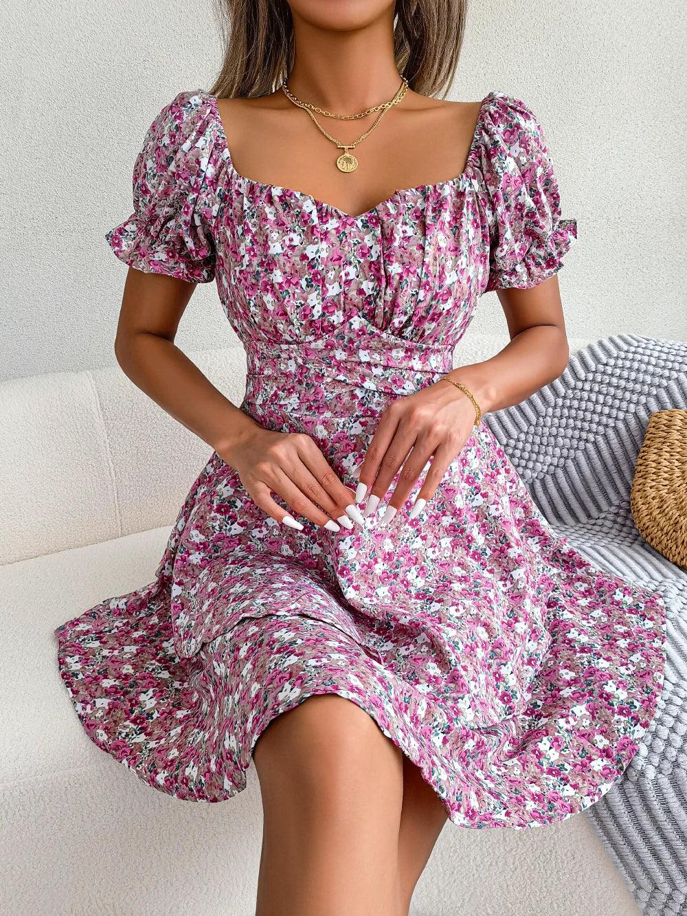 Floral Ruffled Short Sleeve Midi Dress