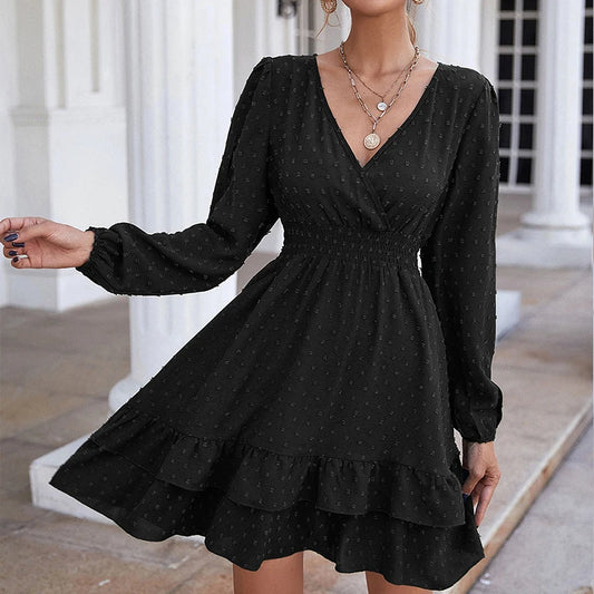 Black Long Sleeve V-neck Ruffled Midi Dress