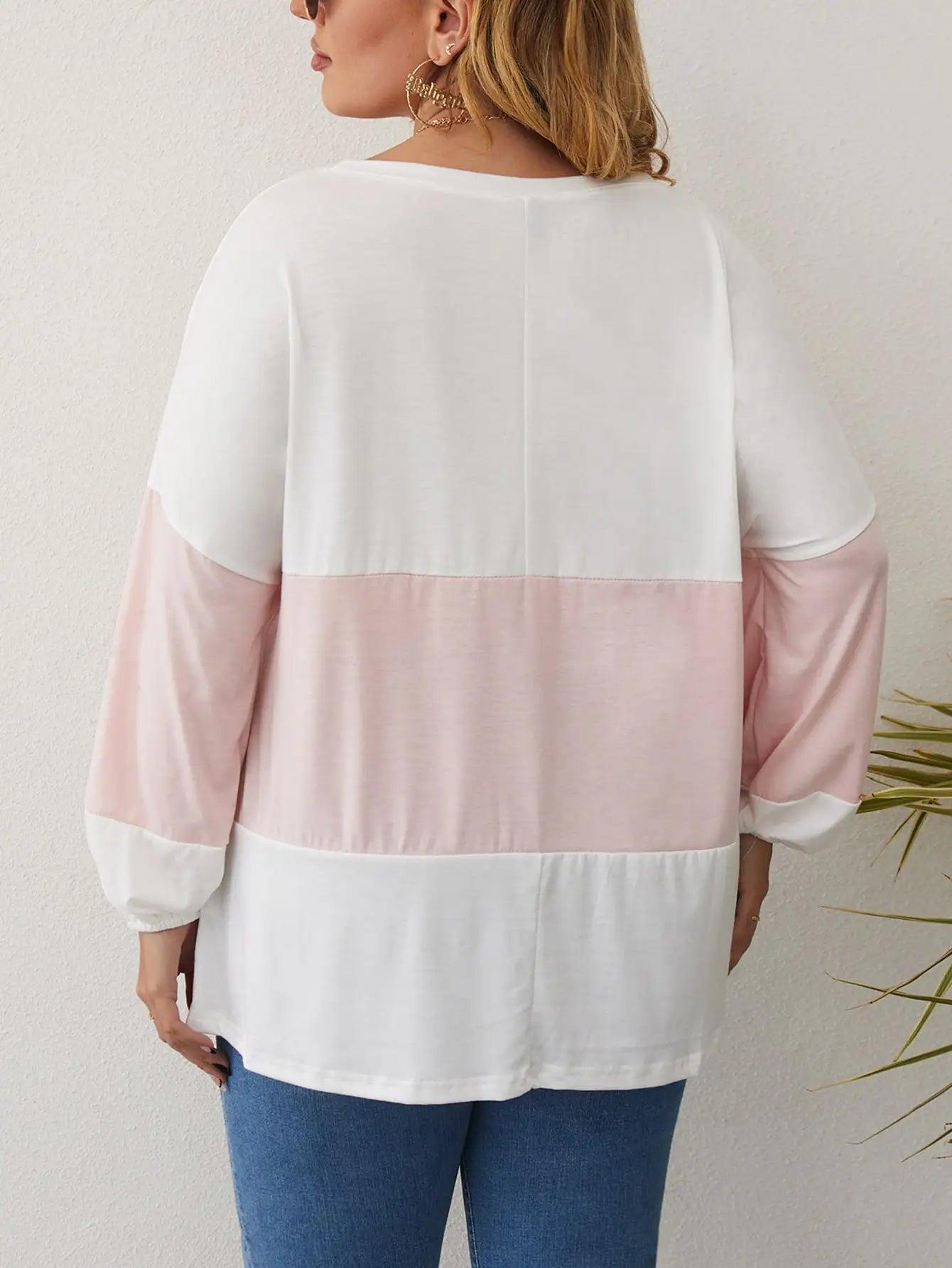 Plus Size Long Sleeve Pink & White Top - Modiva Modiva Plus Size Long Sleeve Pink & White Top