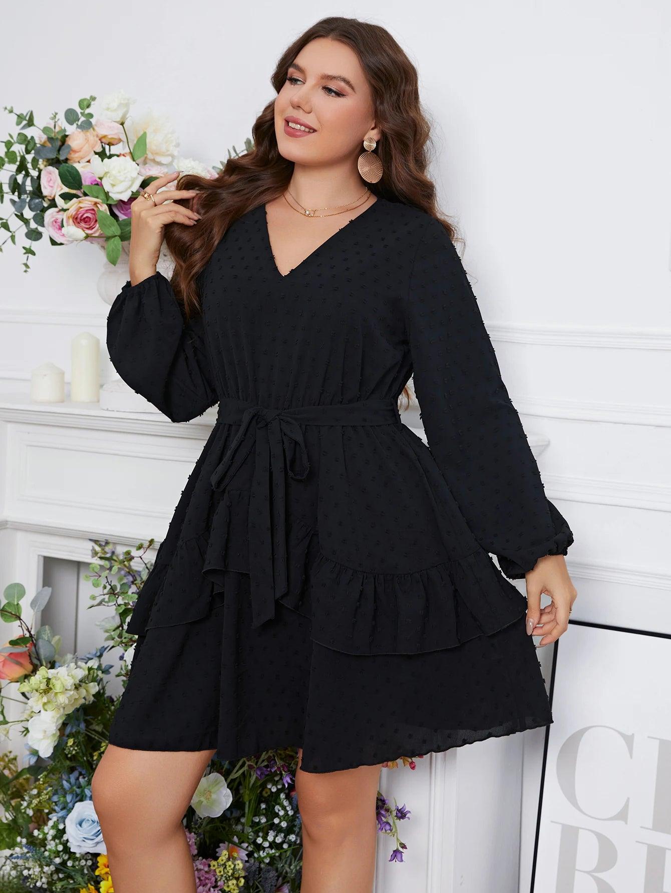 Plus Size Long Sleeve V-Neck Black Dress - Modiva Modiva Plus Size Long Sleeve V-Neck Black Dress