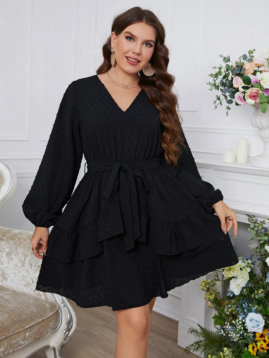 Plus Size Long Sleeve V-Neck Black Dress - Modiva Modiva Plus Size Long Sleeve V-Neck Black Dress