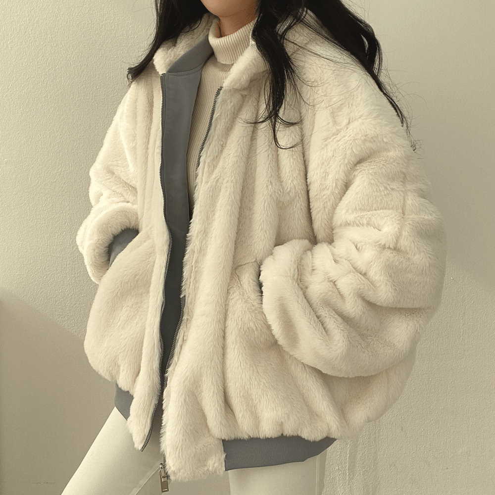 Reversable Fluffy Bomber Jacket - Modiva Modiva Reversable Fluffy Bomber Jacket