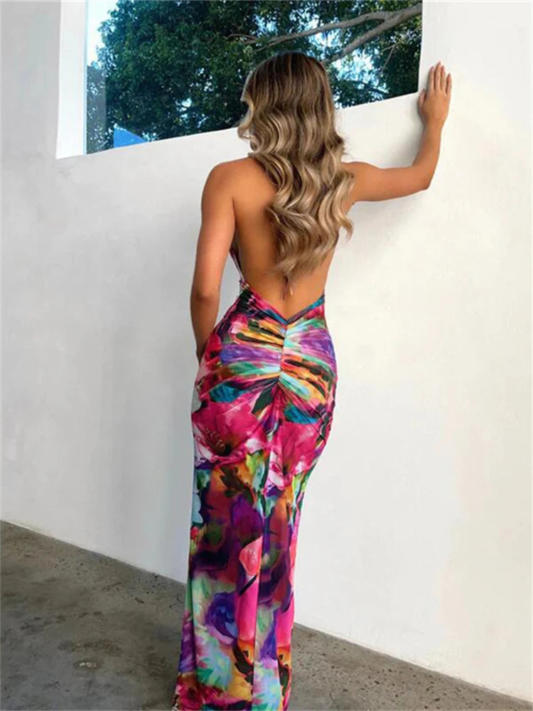 Multi-Color Floral Open Back Maxi Bodycon Dress