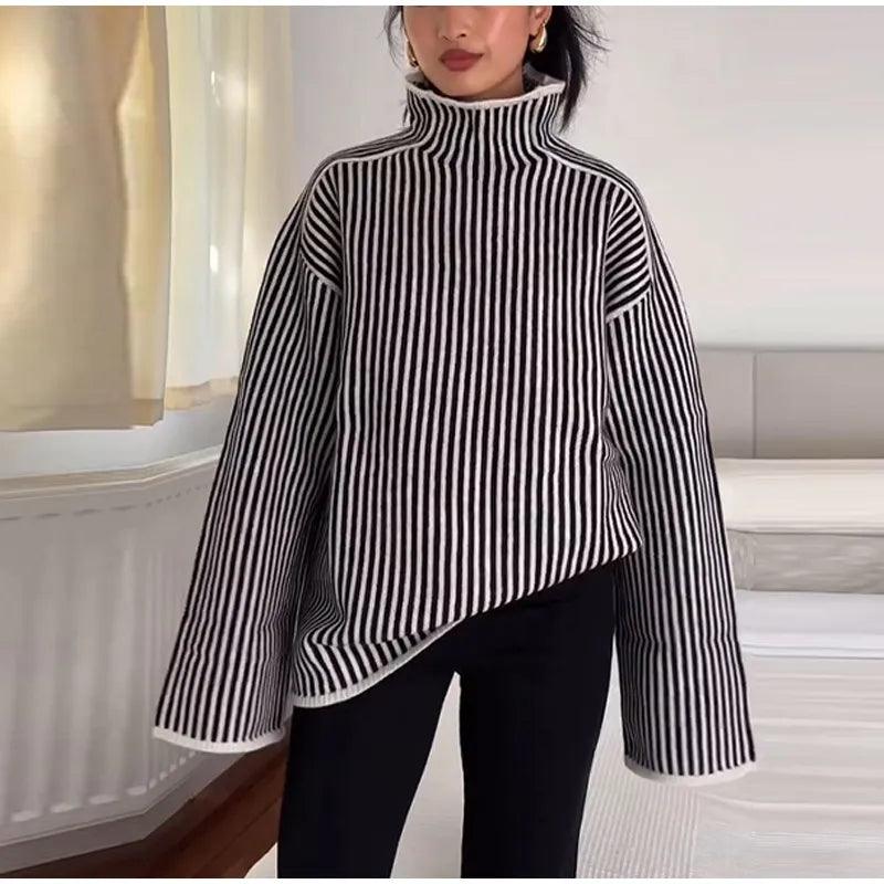 Thick Turtle Neck Striped Sweater - Modiva Modiva Thick Turtle Neck Striped Sweater