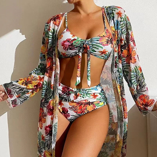 White Floral 3-Piece Long Sleeve Cover-up Bikini