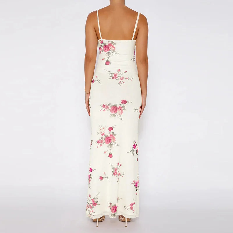 White & Pink Floral Bodycon Maxi Dress