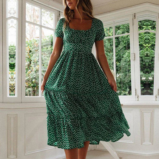 Green Ruffled Short Sleeve Maxi Dress