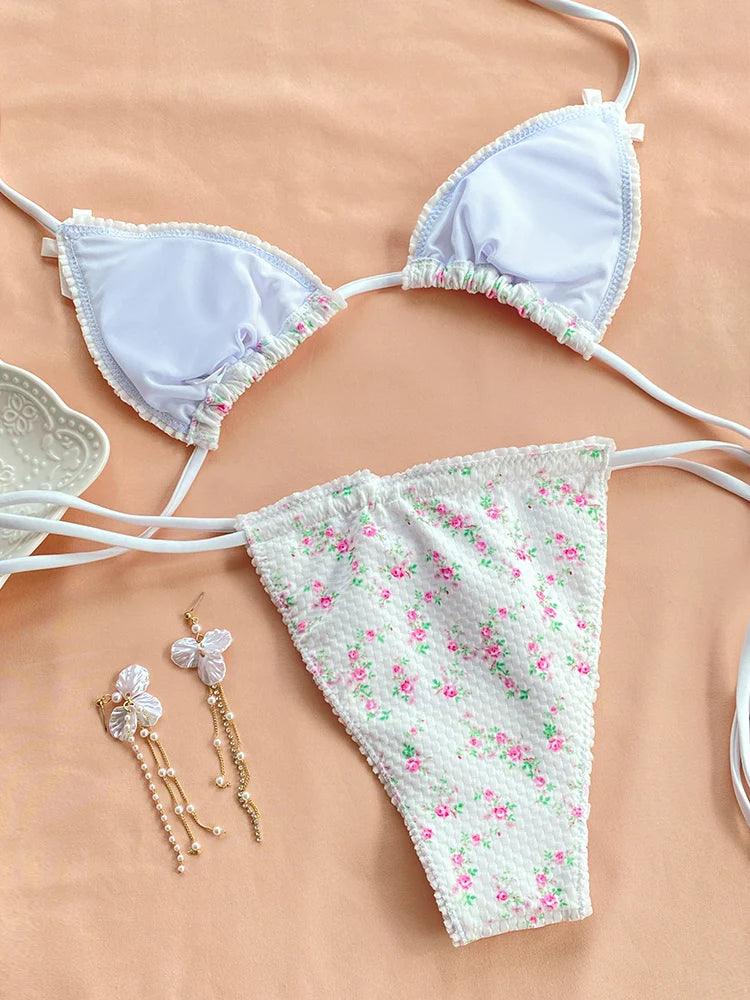 White Floral Ruffle Triangle Bikini