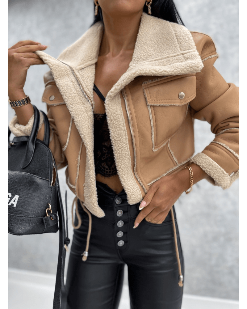 Faux Fur Leather Jacket - Modiva S / Khaki Modiva Faux Fur Leather Jacket