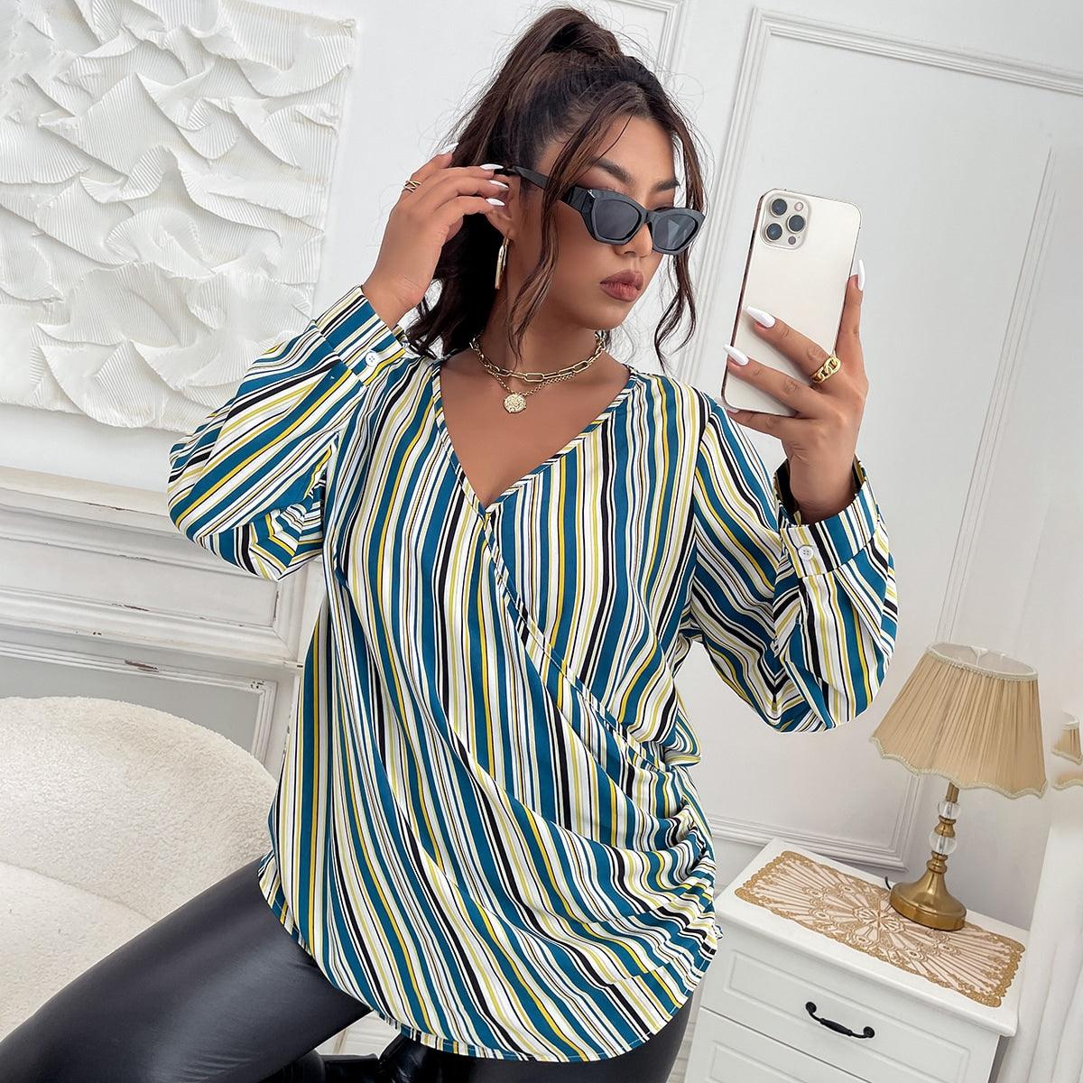 Plus Size Blue & Yellow Long Sleeve Blouse - Modiva Modiva Plus Size Blue & Yellow Long Sleeve Blouse