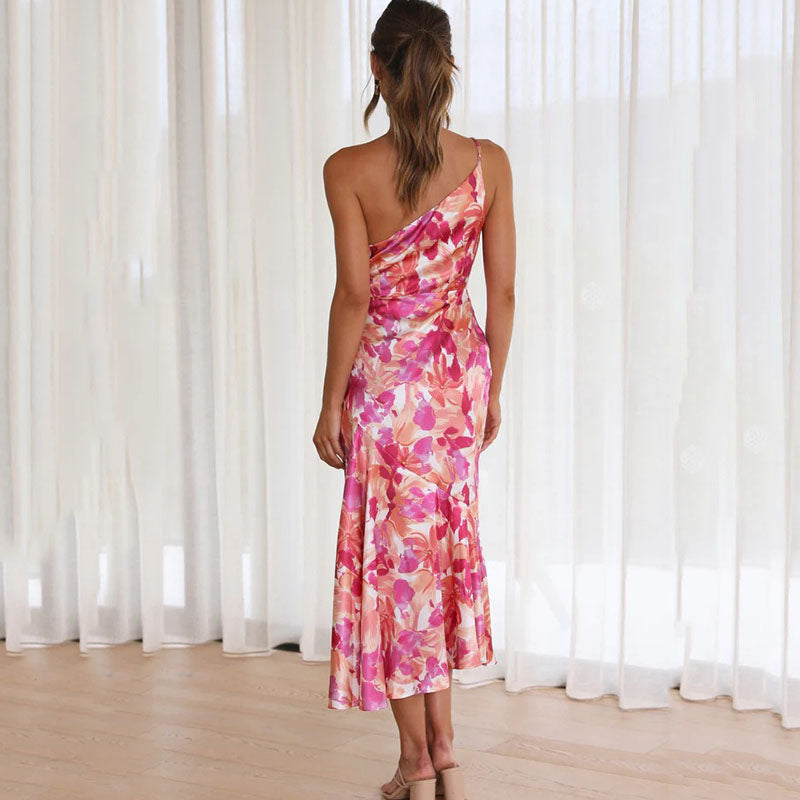 One Strap Pink Floral Leaf Maxi Dress - Modiva Modiva Clothing LTD One Strap Pink Floral Leaf Maxi Dress