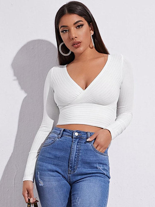 Long Sleeve V-Neck Ribbed Top - Modiva S / White Modiva Long Sleeve V-Neck Ribbed Top