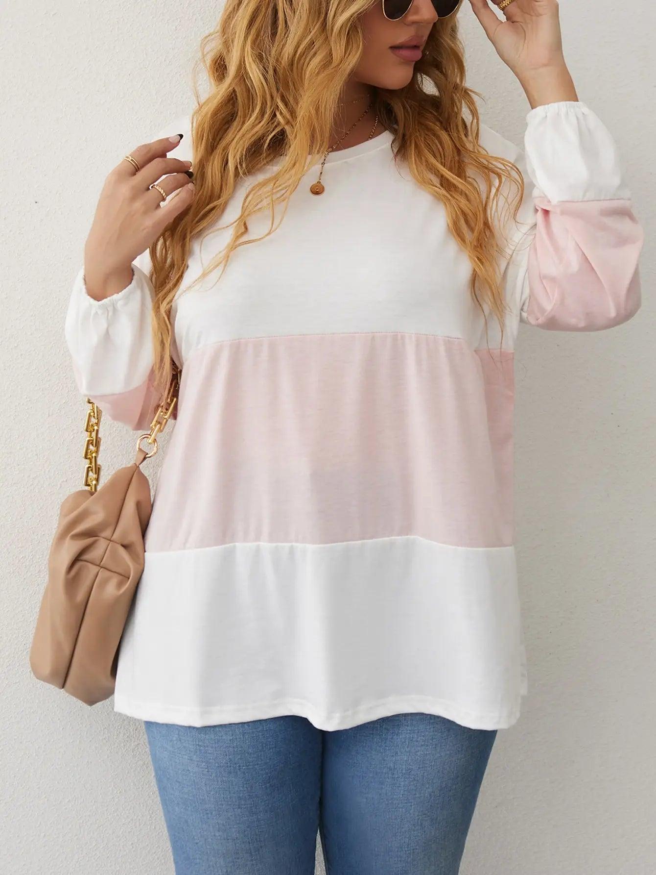 Plus Size Long Sleeve Pink & White Top - Modiva Modiva Plus Size Long Sleeve Pink & White Top