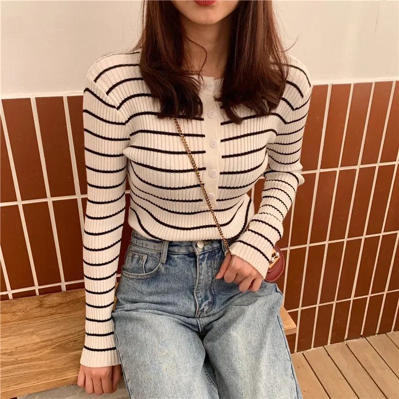 Striped Button-up Long Sleeve Top - Modiva Modiva Striped Button-up Long Sleeve Top