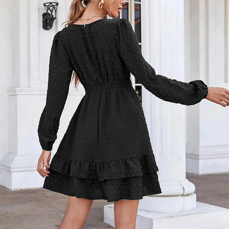 Black Long Sleeve V-neck Ruffled Midi Dress