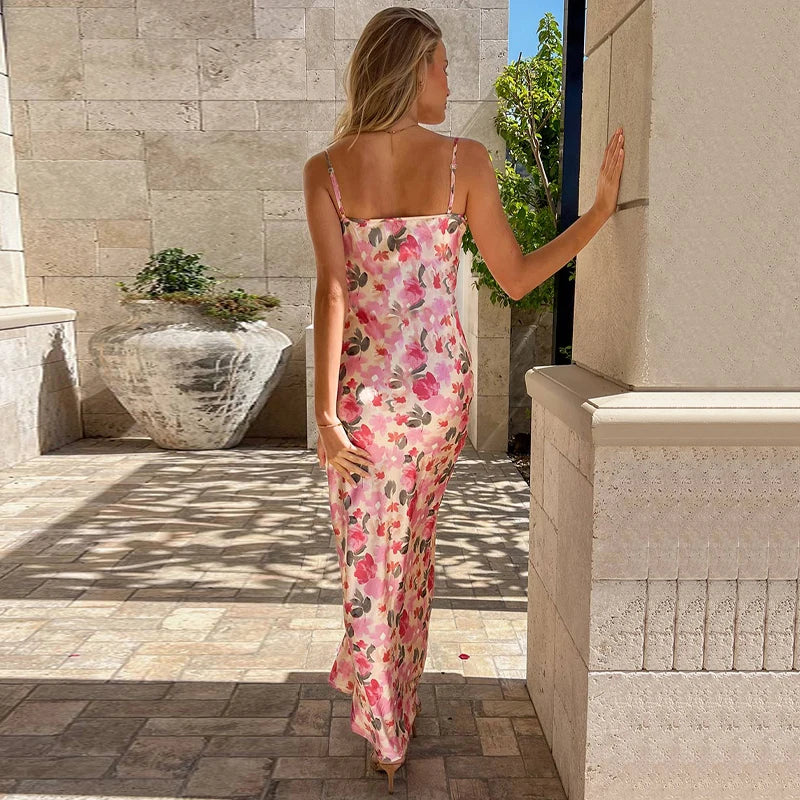 Pink Floral Maxi Silk Bodycon Dress