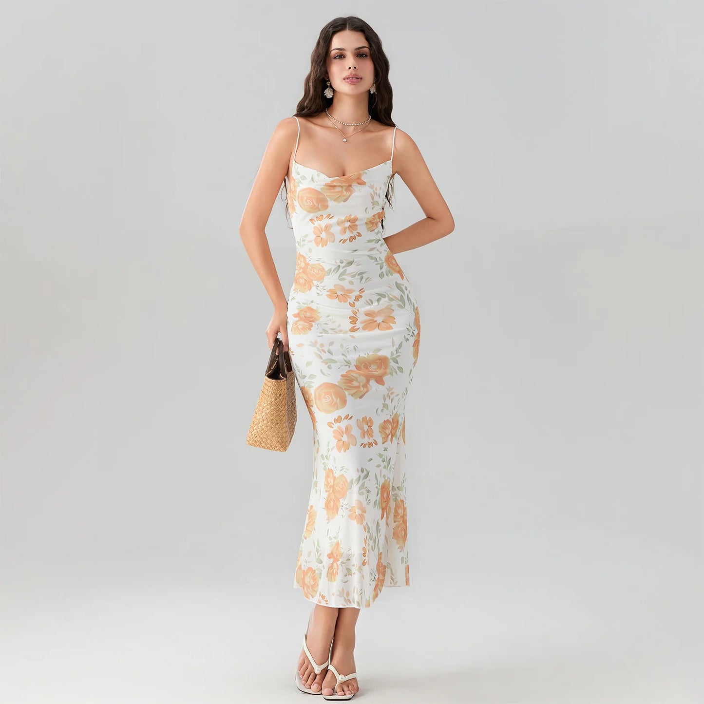 Orange Floral Maxi Cocktail Dress 