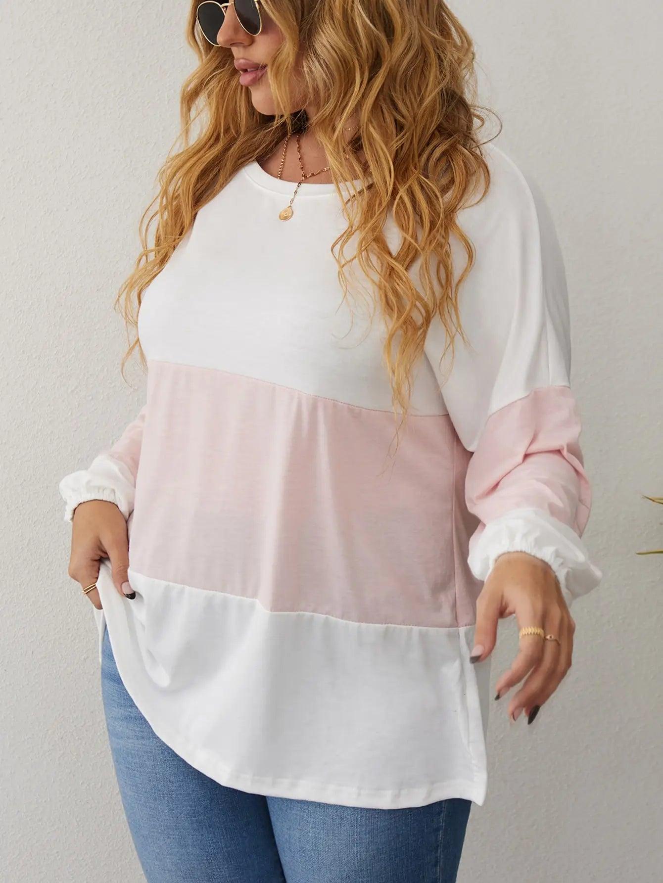 Plus Size Long Sleeve Pink & White Top - Modiva Modiva Plus Size Long Sleeve Pink & White Top