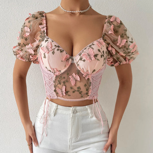 Butterfly Mesh Cropped Corset Top