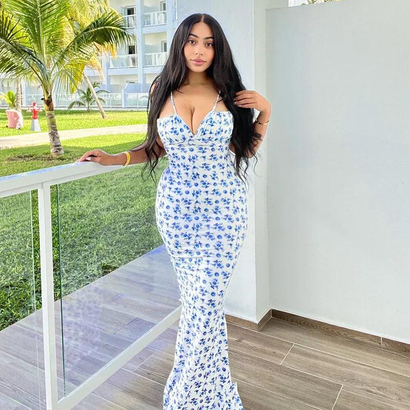 Blue Floral Bodycon Maxi Dress