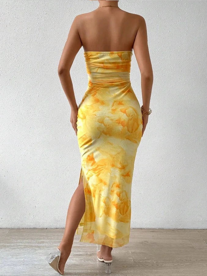 Yellow Marble Strapless Maxi Dress 