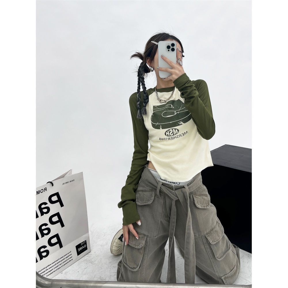 Y2k Long Sleeved Patchwork T-shirt - Modiva S / Green Modiva Y2k Long Sleeved Patchwork T-shirt