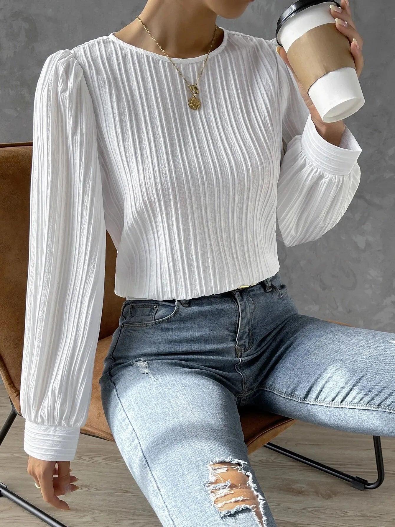 Solid Round Neck Long Sleeve Blouse - Modiva Modiva Solid Round Neck Long Sleeve Blouse