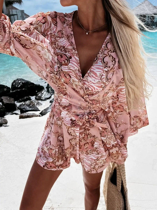 V-Neck Boho Long Sleeve Short Jumpsuit