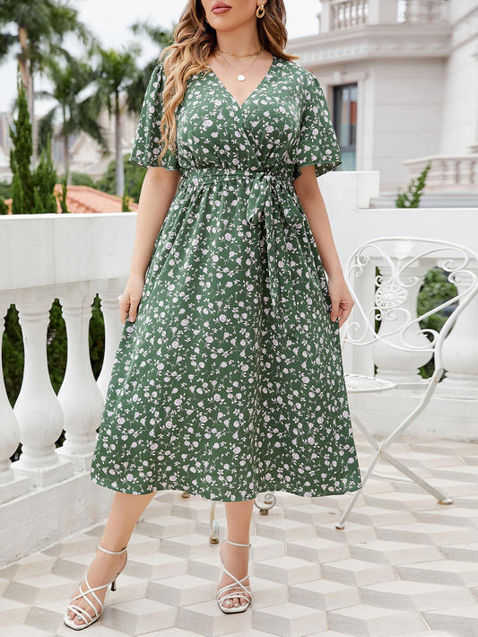 Plus Size Green Floral V-Neck Midi Dress - Modiva Modiva Plus Size Green Floral V-Neck Midi Dress