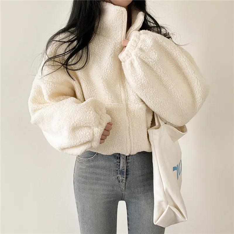 Over-Sized Fluffy Zip-up Collared Jacket - Modiva M / Beige Modiva Over-Sized Fluffy Zip-up Collared Jacket