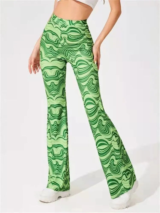 Green Flared Patterned Trousers - Modiva Modiva Green Flared Patterned Trousers