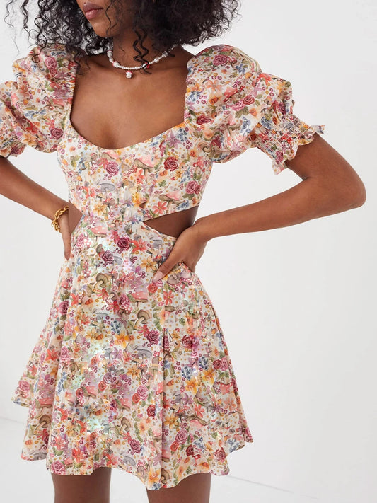 Boho Floral Puff Short Sleeve Mini Dress