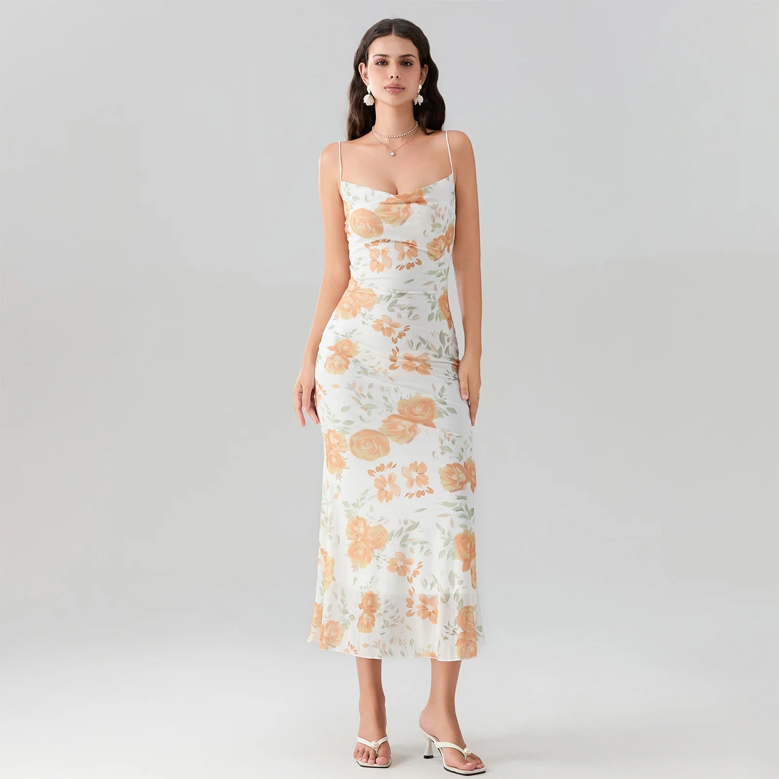 Orange Floral Maxi Cocktail Dress 